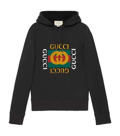 gucci felted cotton jersey hoodie with gucci vintage logo black|Gucci logo velvet sweatshirt.